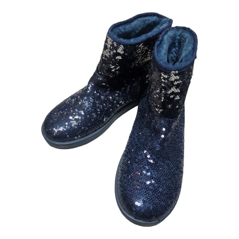 G By Guess Women's Short Boot Blue Sequin Faux Fur US 6.5M Winter Footwe…